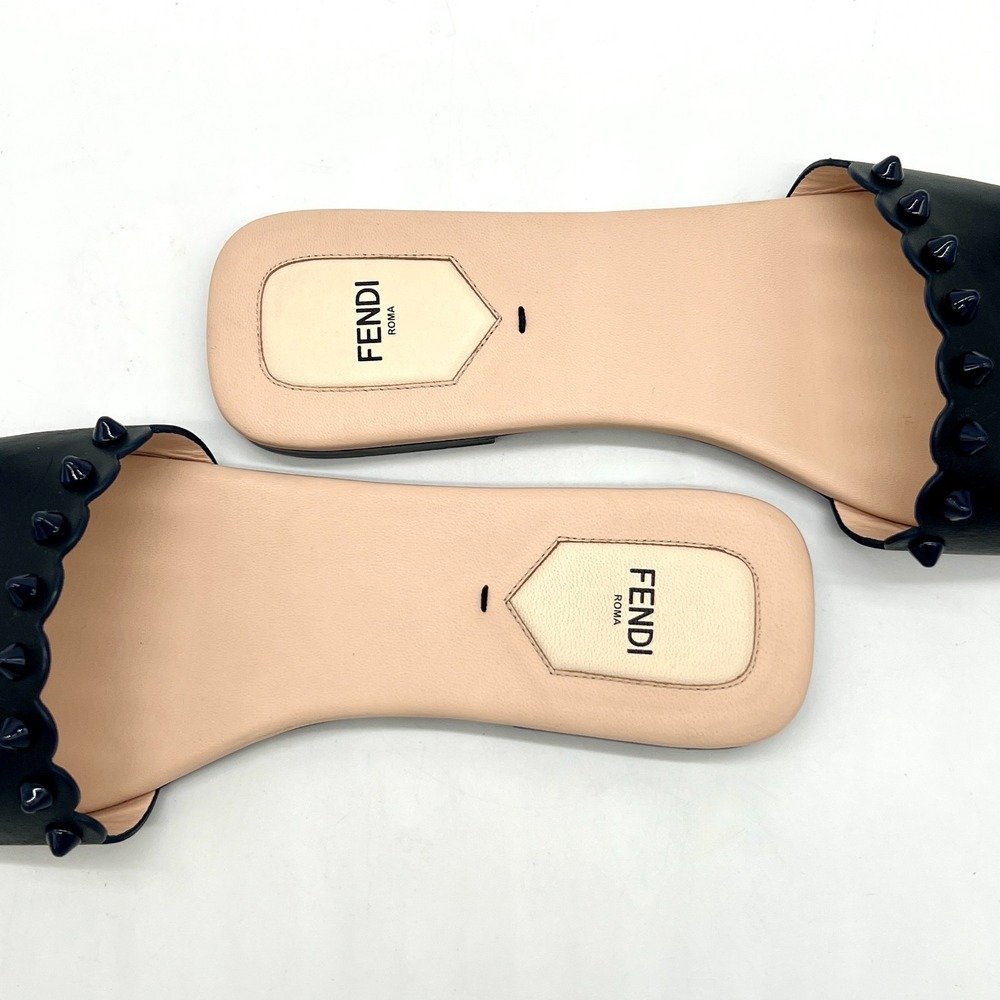 Fendi Sandalo Vitello Borchie Sz 41 Flat Studded Slide Black Navy W Bag $550 - Picture 5 of 9